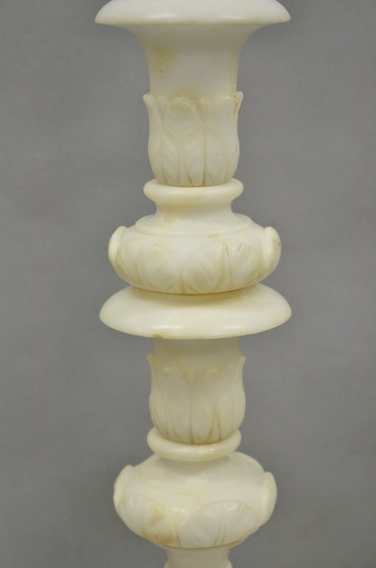 Antique Italian Neoclassical Carved Alabaster Marble Column Table Lamps - a Pair