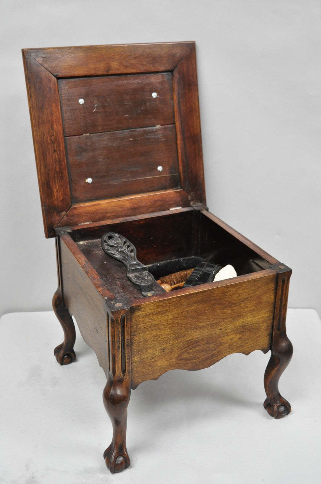 Antique Flip Top Georgian Chippendale Style Mahogany Shoe Shine Box Footstool