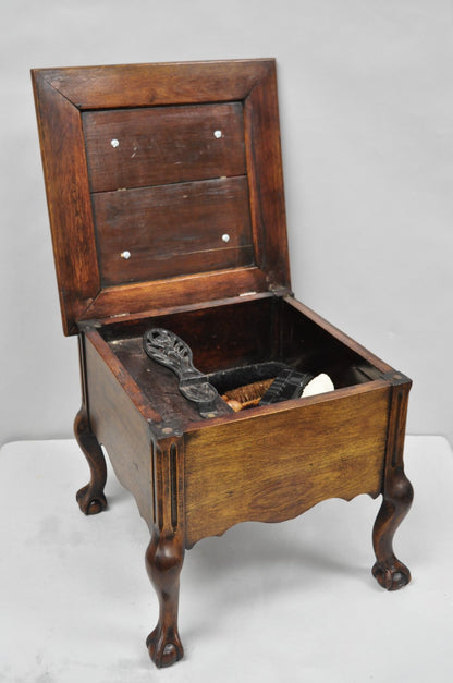 Antique Flip Top Georgian Chippendale Style Mahogany Shoe Shine Box Footstool