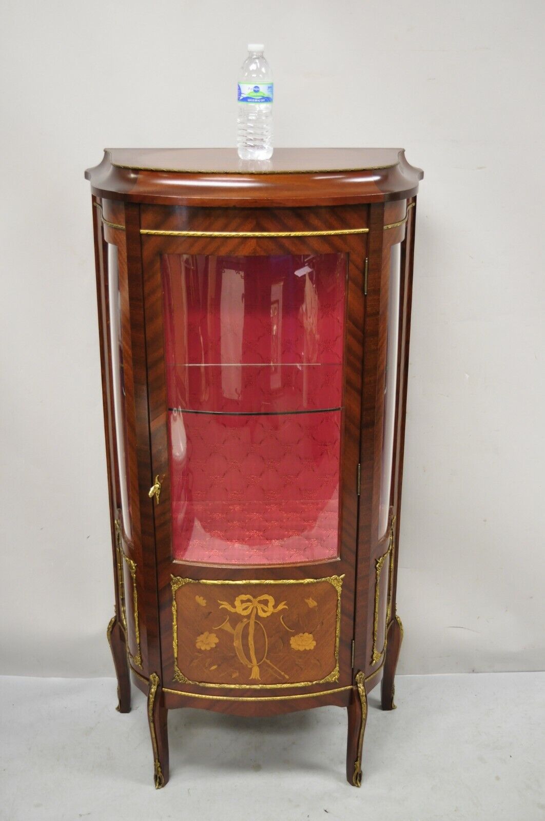 French Louis XV Style Small Curio Display Cabinet Bowed Glass and Inlay