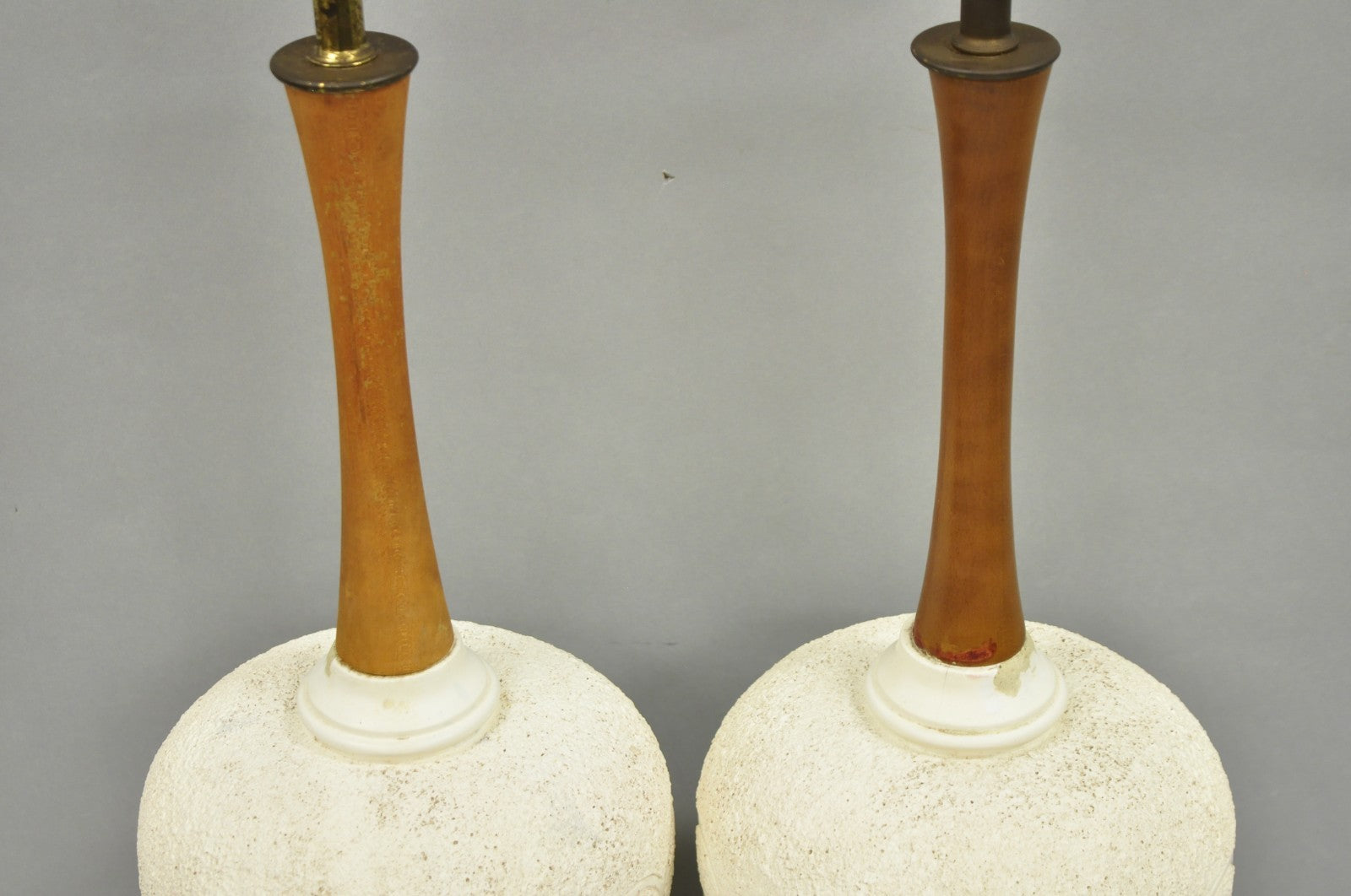 Vintage Mid Century Modern White Blue Ceramic Pottery Teak Table Lamps - a Pair