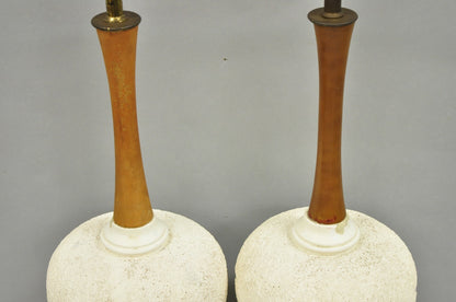 Vintage Mid Century Modern White Blue Ceramic Pottery Teak Table Lamps - a Pair
