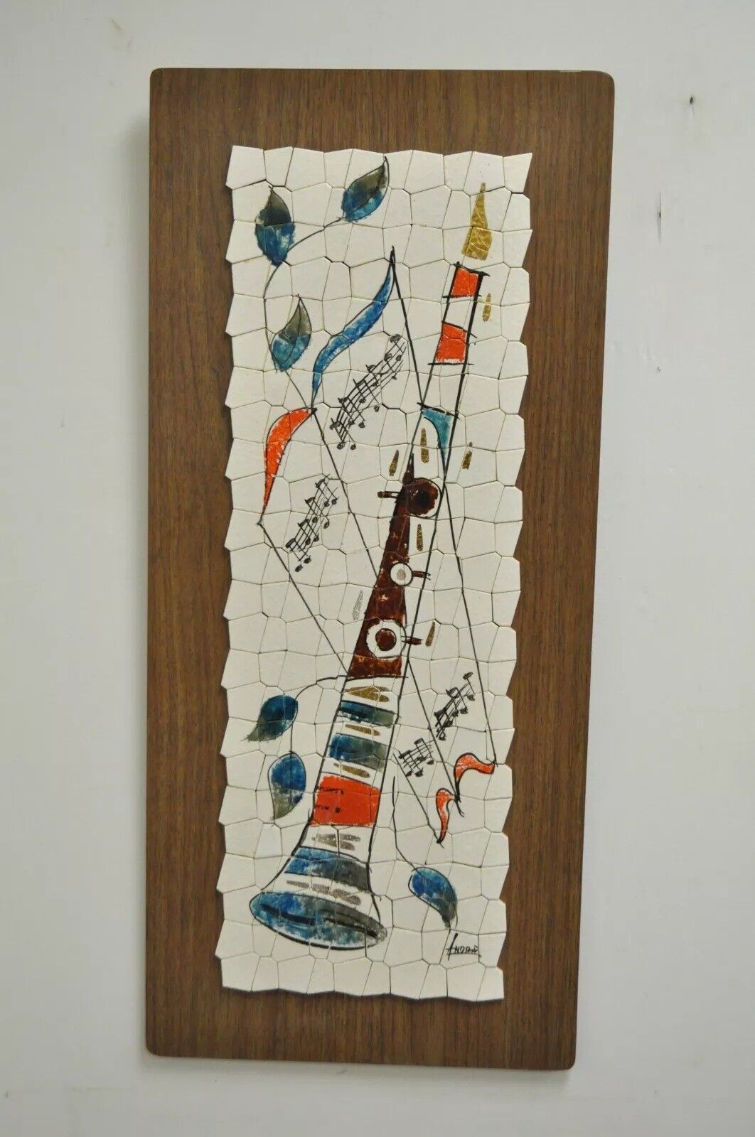 Vintage Andre Mid Century Modernist Abstract Music Instrument Tile Wall Art Pair