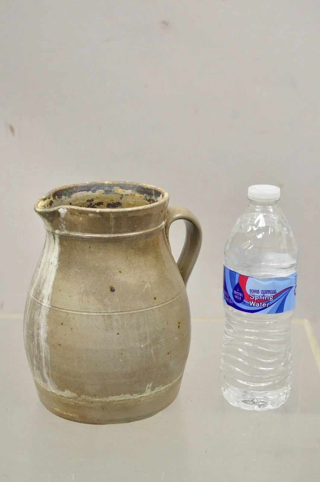 Antique Primitive Stoneware Salt Glazed 8" Bulbous Water Pitcher with Handle