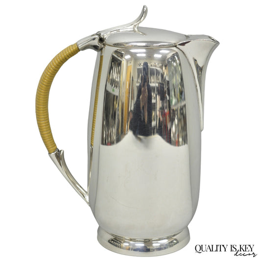 Amston Mid Century Modern Silver Plated Rattan Wicker Handle Coffee Pot Pitcher
