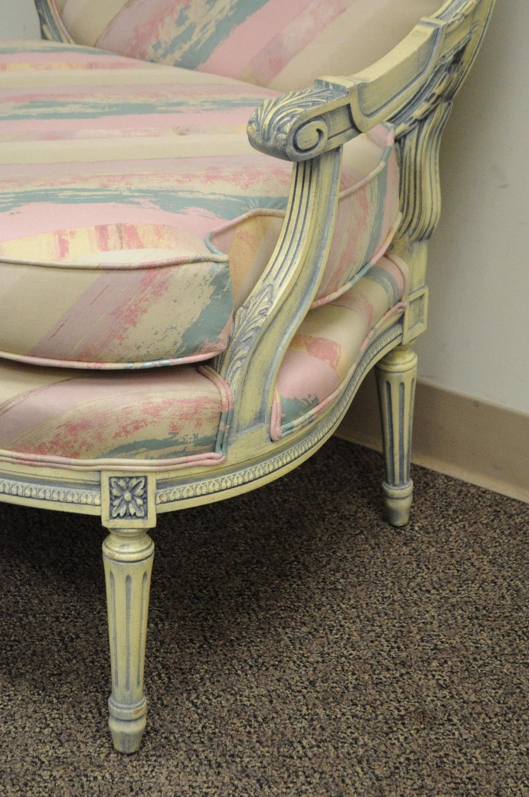 Vintage French Louis XVI Pink Blue Carved Bergere Boudoir Lounge Arm Chair