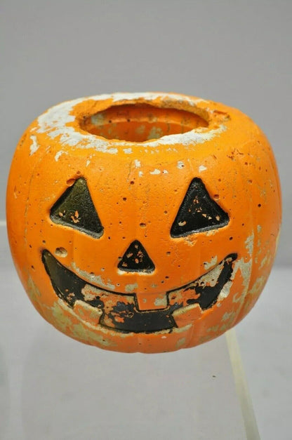 Vintage Orange Cement 8" Small Painted Garden Pumpkin Planter Plant Pot - Pair