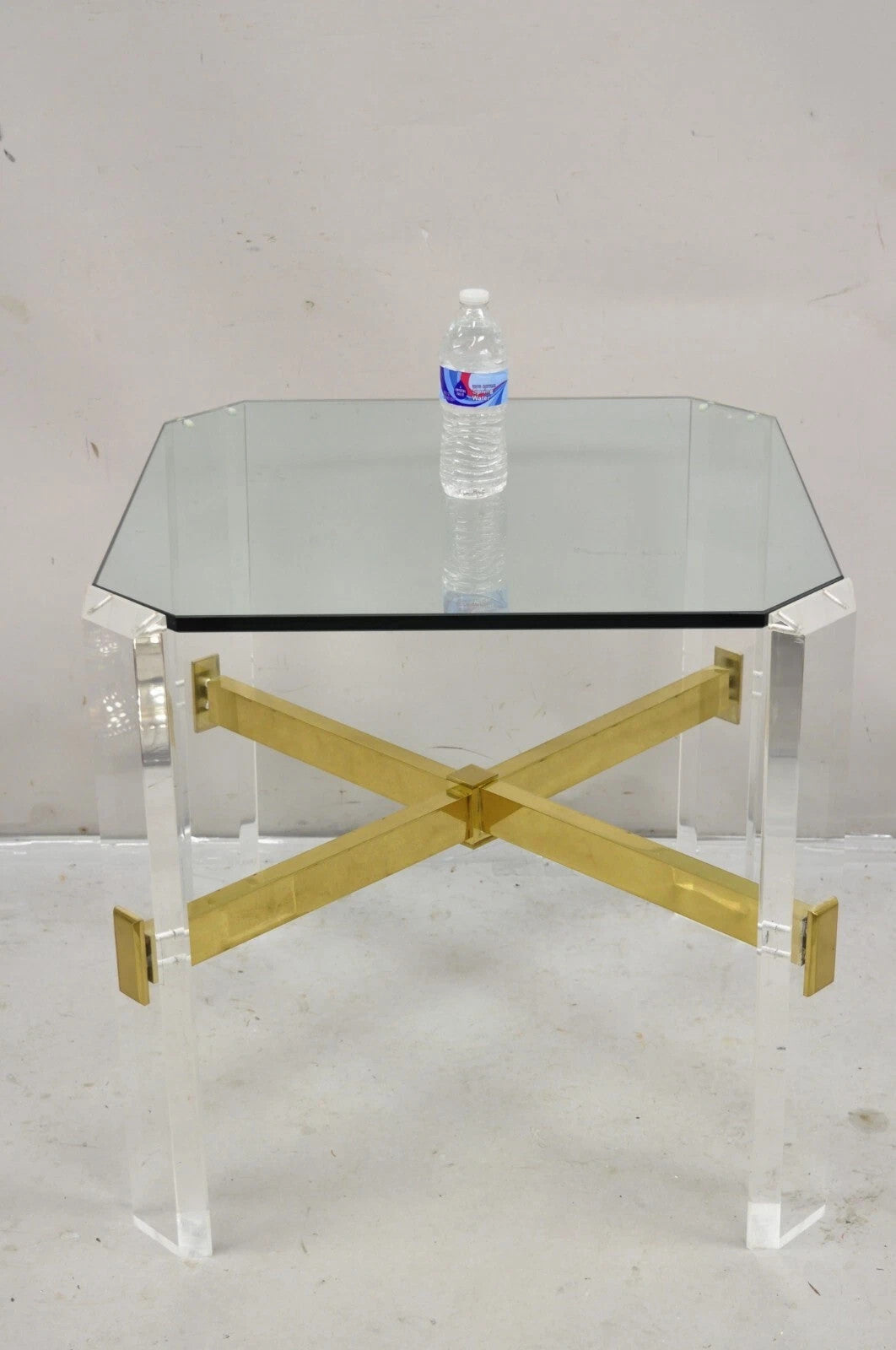 Vintage Mid Century Modern Lucite & Glass Brass Stretcher Occasional Side Table