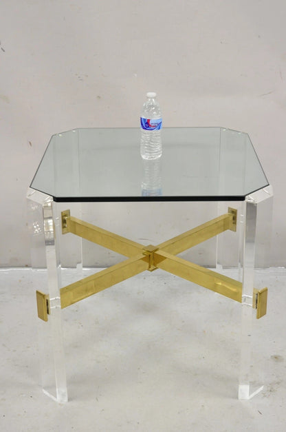 Vintage Mid Century Modern Lucite & Glass Brass Stretcher Occasional Side Table
