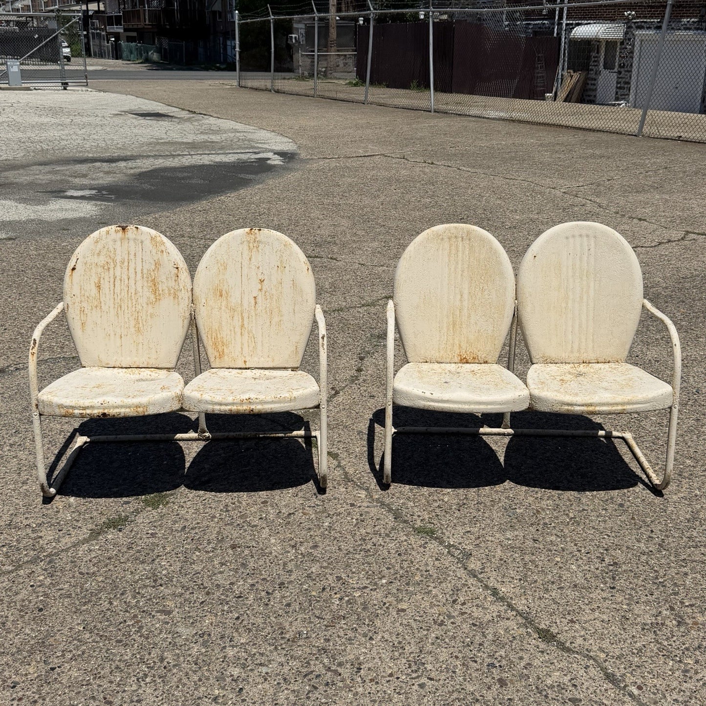 Vintage Art Deco Steel Metal Clam Shell Double Seat Porch Patio Loveseat - Pair