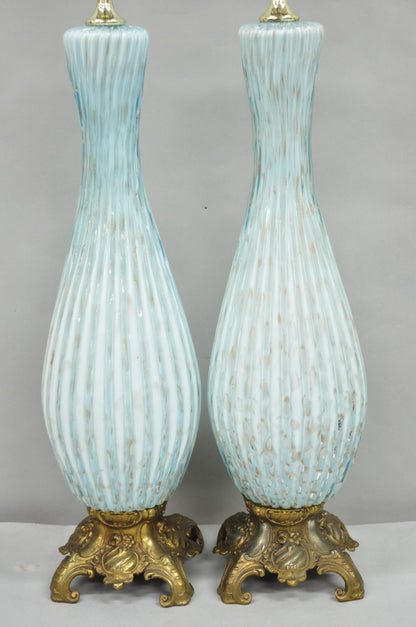 Vintage Mid Century Modern Blue Italian Murano Glass Gold Bubble Table Lamp Pair