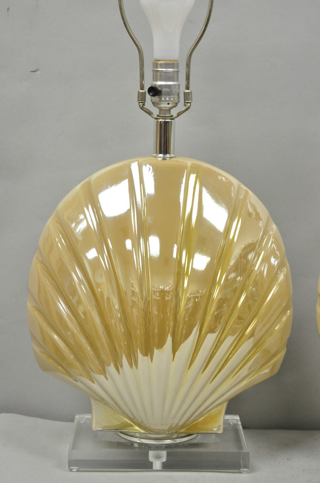 Mid Century Modern Iridescent Gold Ceramic Pottery Clam Shell Table Lamp - Pair