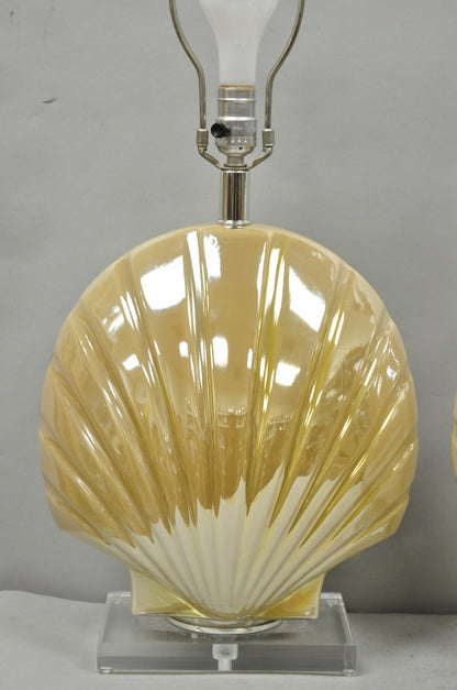 Mid Century Modern Iridescent Gold Ceramic Pottery Clam Shell Table Lamp - Pair