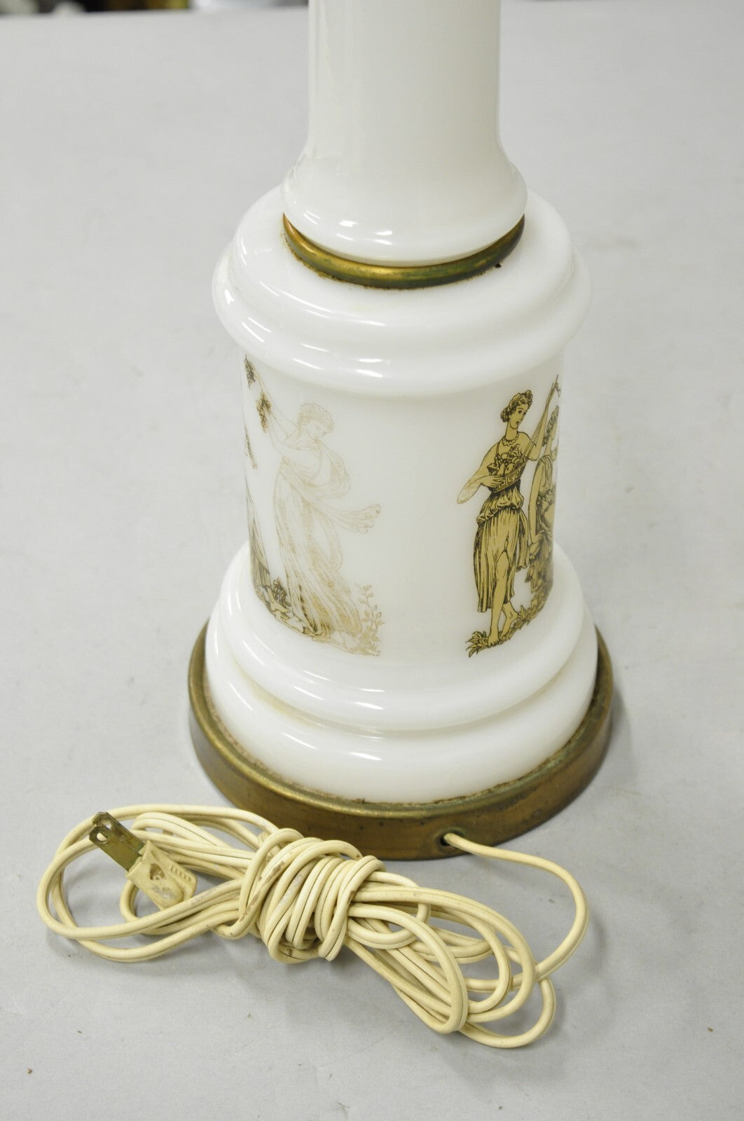 Vintage Italian Neoclassical Style White Milk Glass Empire Column Table Lamp