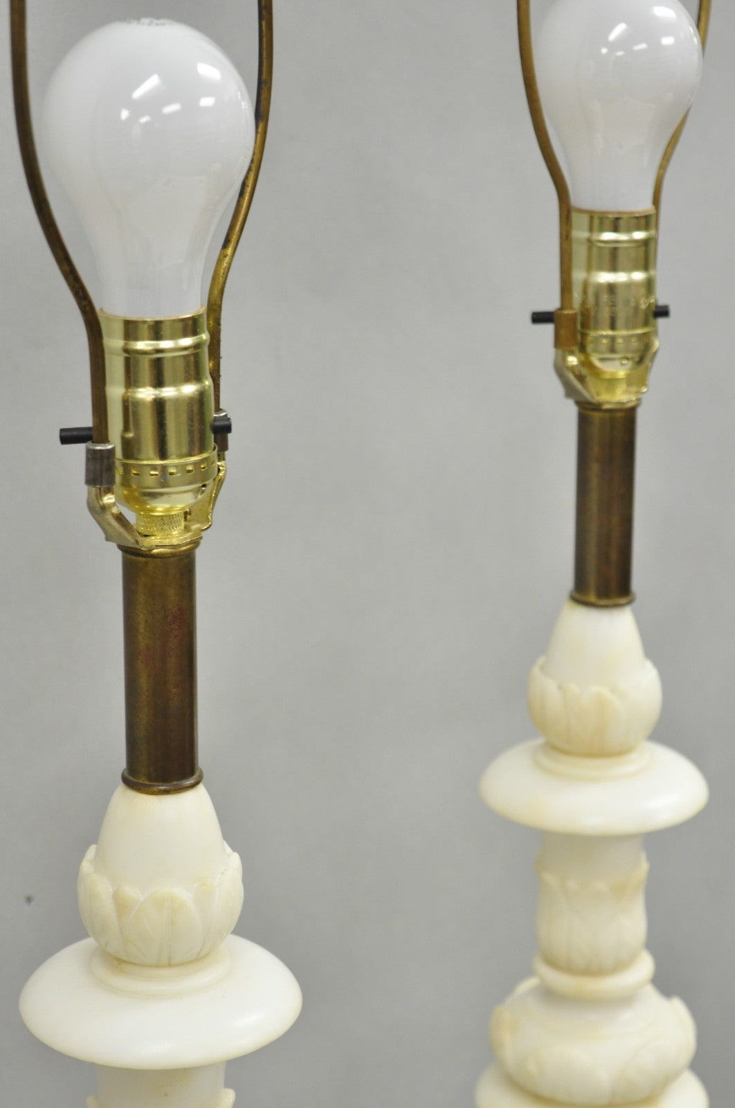 Antique Italian Neoclassical Carved Alabaster Marble Column Table Lamps - a Pair