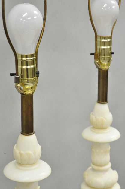 Antique Italian Neoclassical Carved Alabaster Marble Column Table Lamps - a Pair