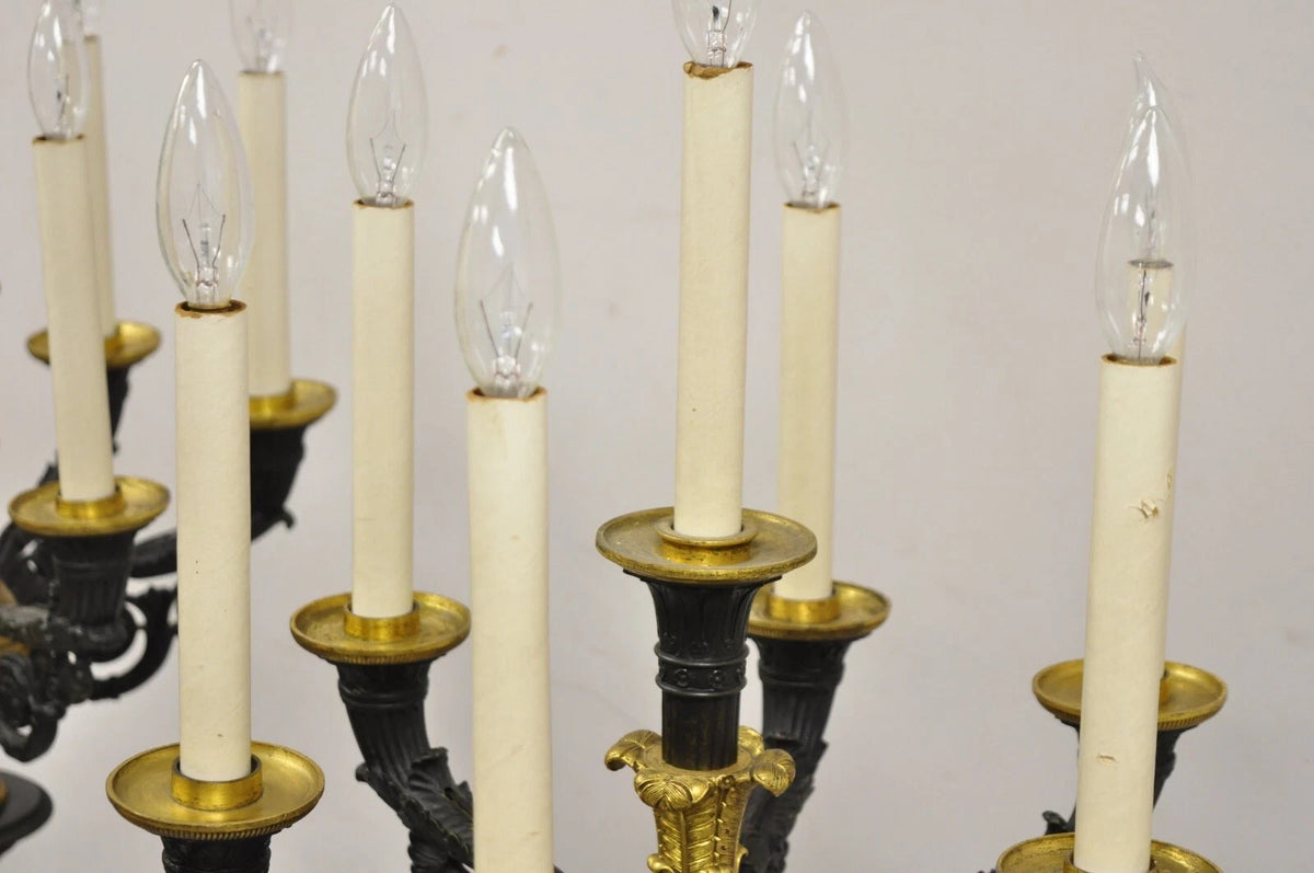 French Empire 68" Tall Bronze & Marble Lighted Candelabra Torchiere Floor Lamps