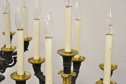 French Empire 68" Tall Bronze & Marble Lighted Candelabra Torchiere Floor Lamps