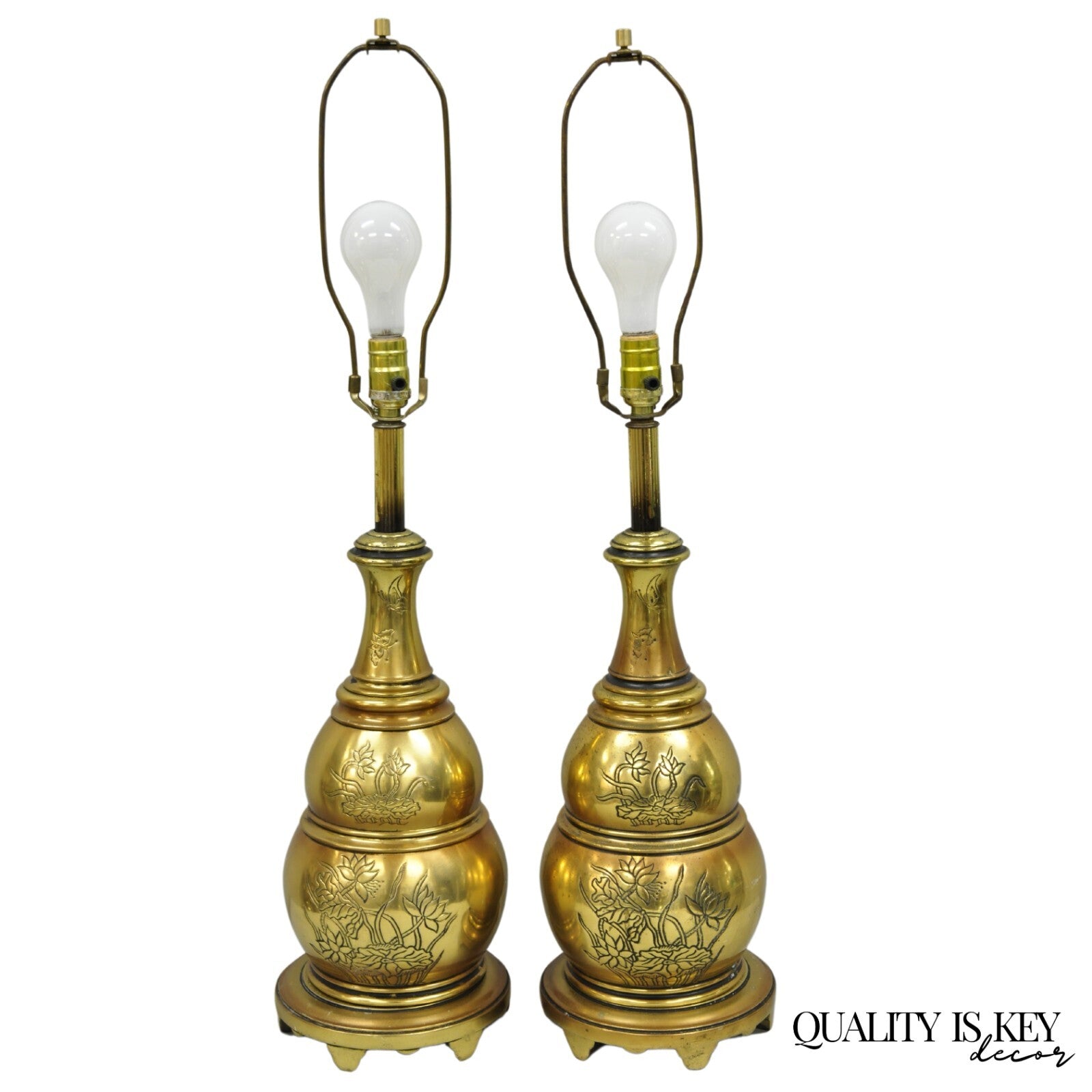 Vintage Chinoiserie Brass Stacked Beehive Table Lamps with Floral Etching - Pair