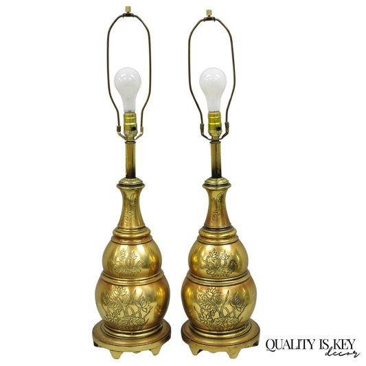 Vintage Chinoiserie Brass Stacked Beehive Table Lamps with Floral Etching - Pair