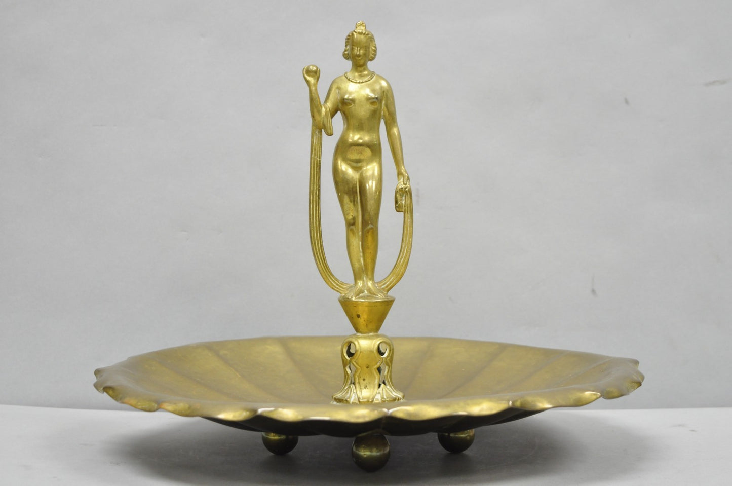 Vintage Art Nouveau Brass Figural Nude Woman Centerpiece Compote Dish Bowl