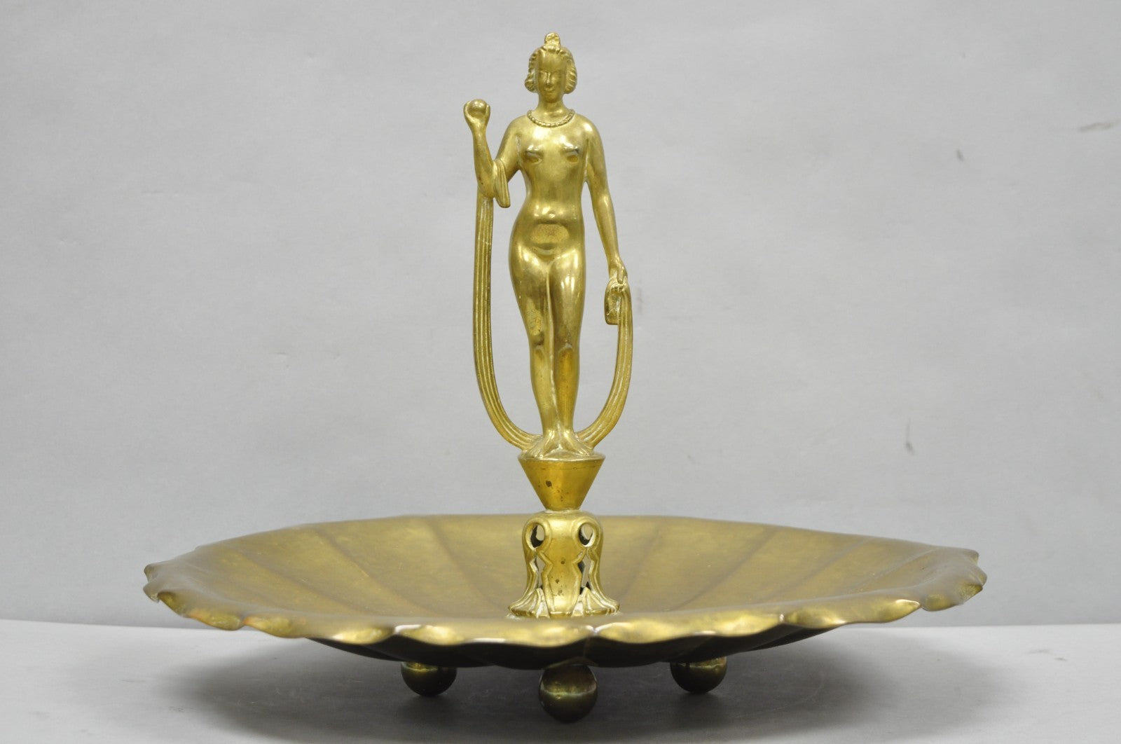 Vintage Art Nouveau Brass Figural Nude Woman Centerpiece Compote Dish Bowl
