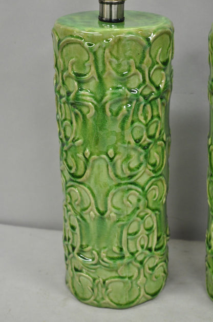 Contemporary Modern Green Glazed Ceramic Scroll Decorated Table Lamps - a Pair