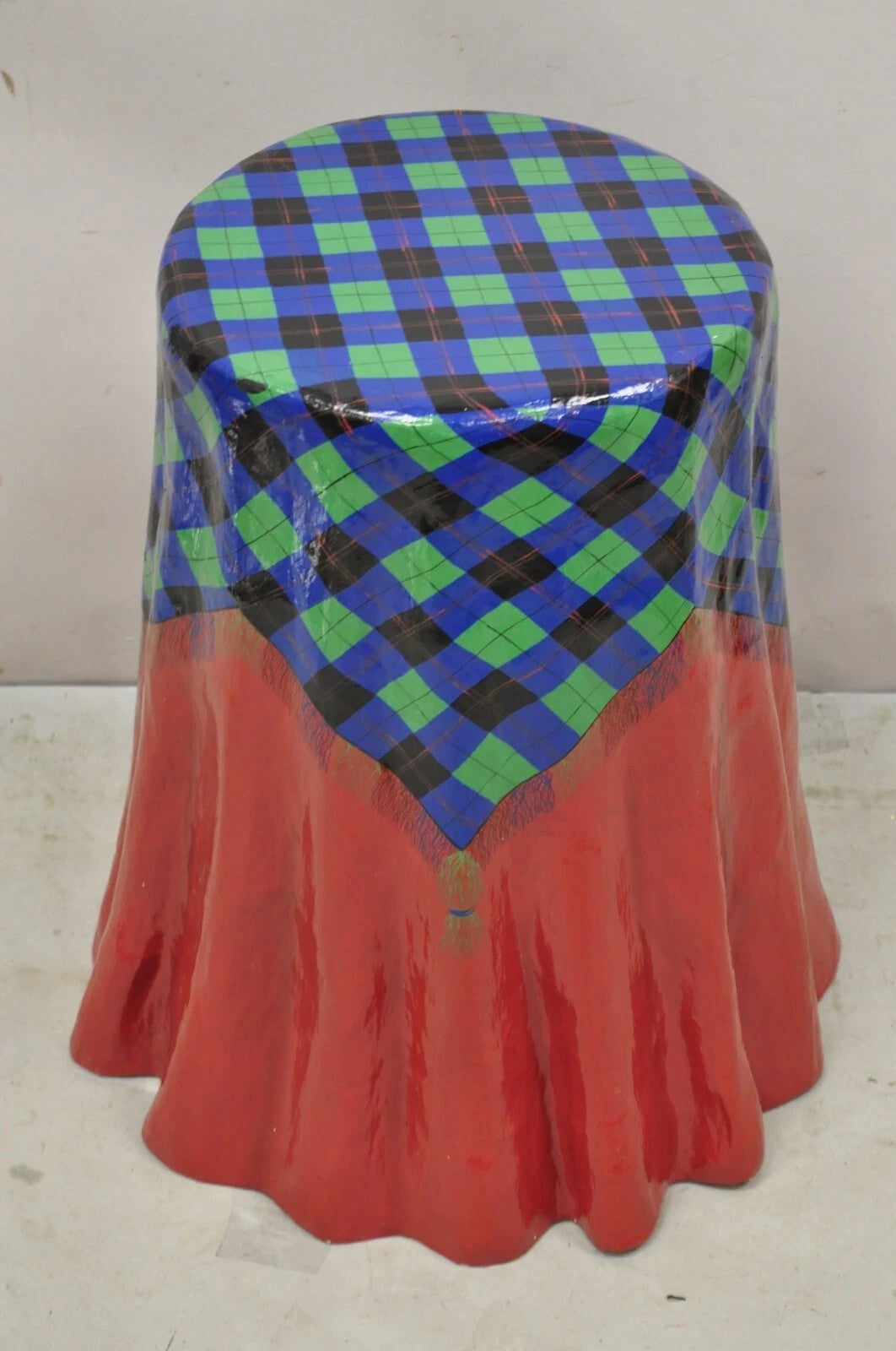 Vintage Paper Mache Red Blue Green Tartan Painted "Tablecloth" Drape Side Table