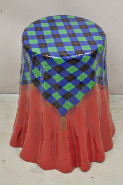 Vintage Paper Mache Red Blue Green Tartan Painted "Tablecloth" Drape Side Table