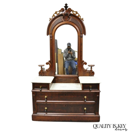 Antique Eastlake Victorian Walnut 3 Marble Tier Dresser Chest With Tall Mirror