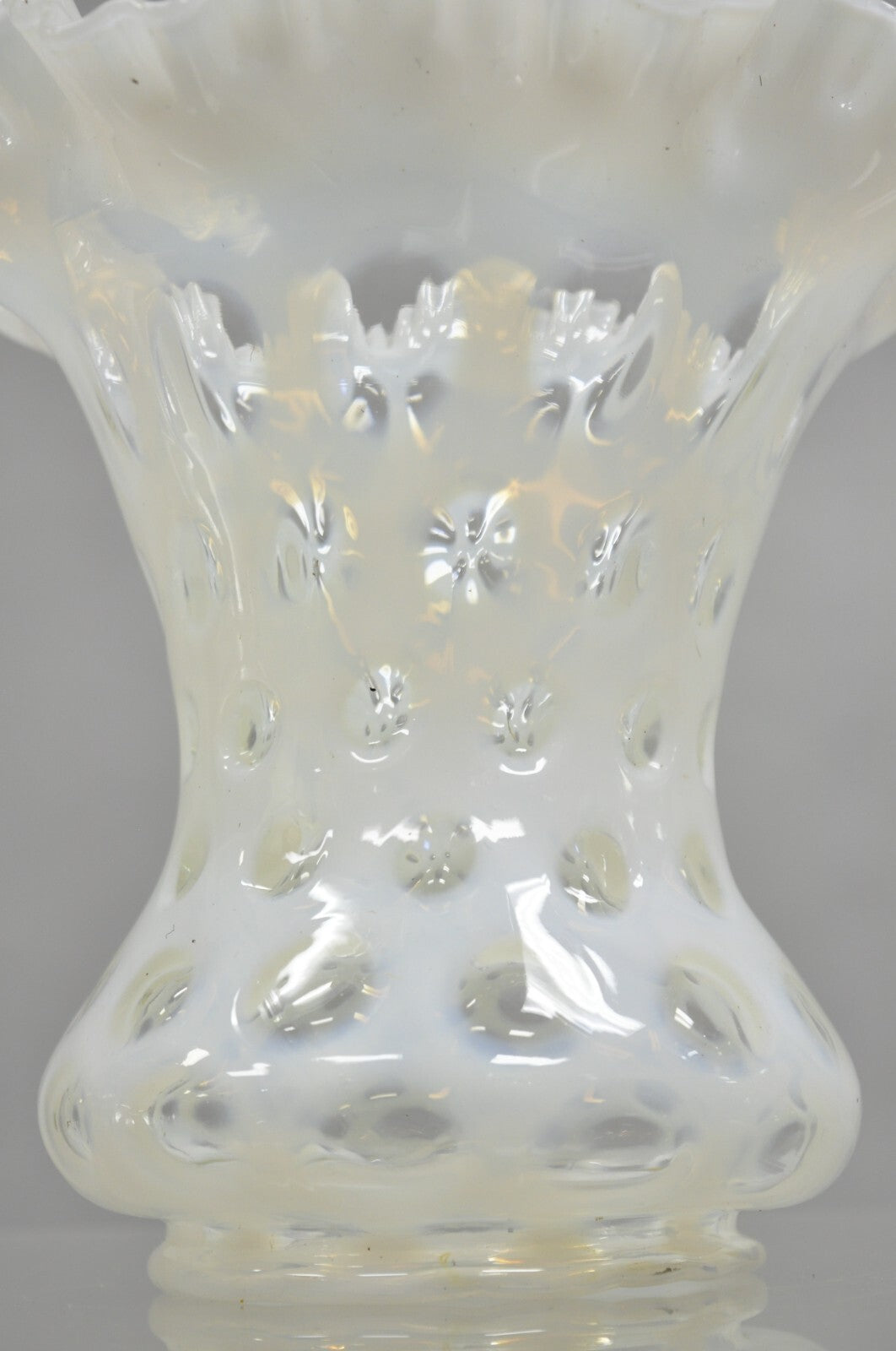 Vintage Fenton White Coin Dot Opalescent Art Glass Ruffle Edge Flower Vase