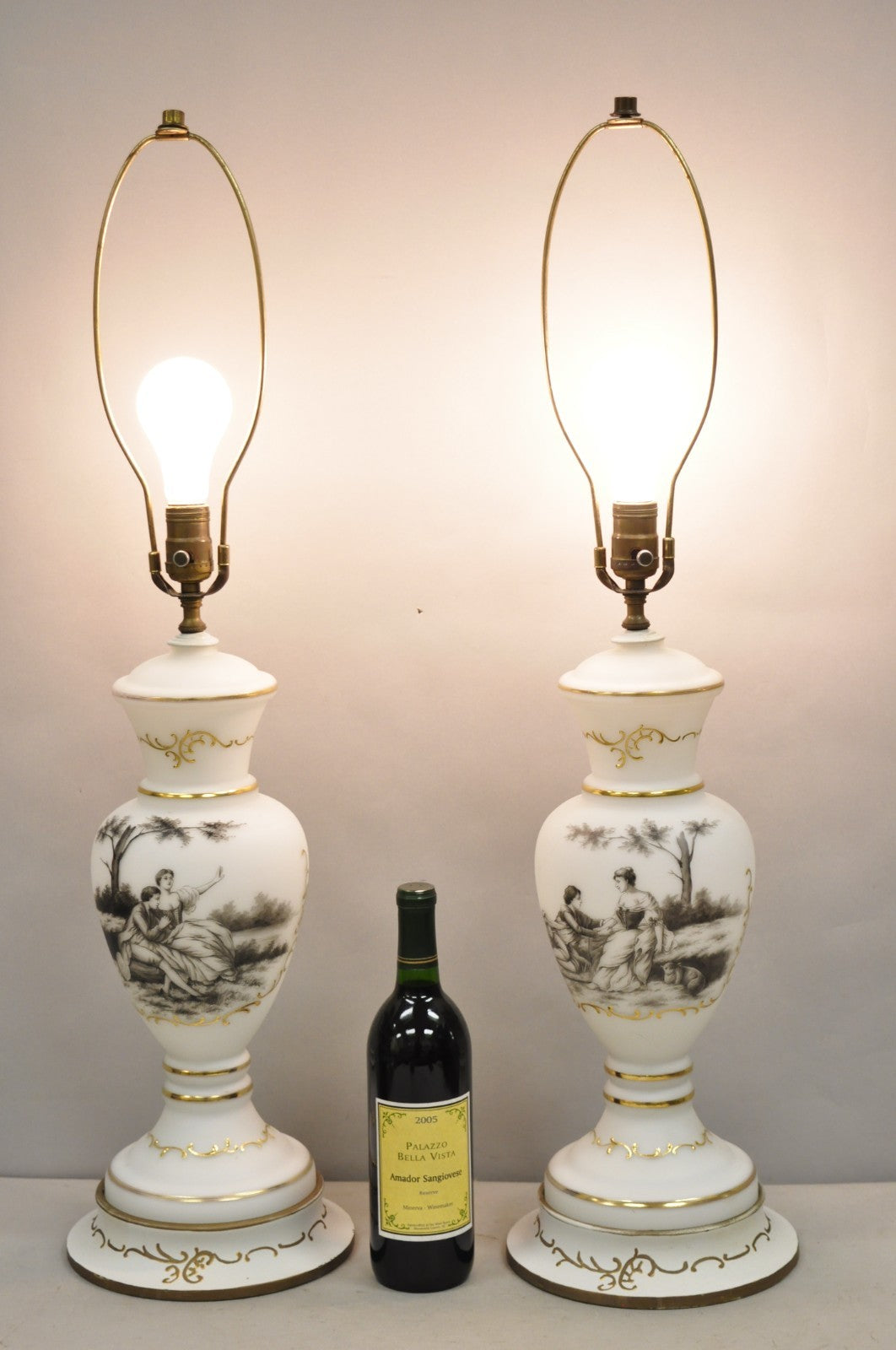 Vintage French Country Renaissance Frosted Glass Urn "Courting" Table Lamp, Pair