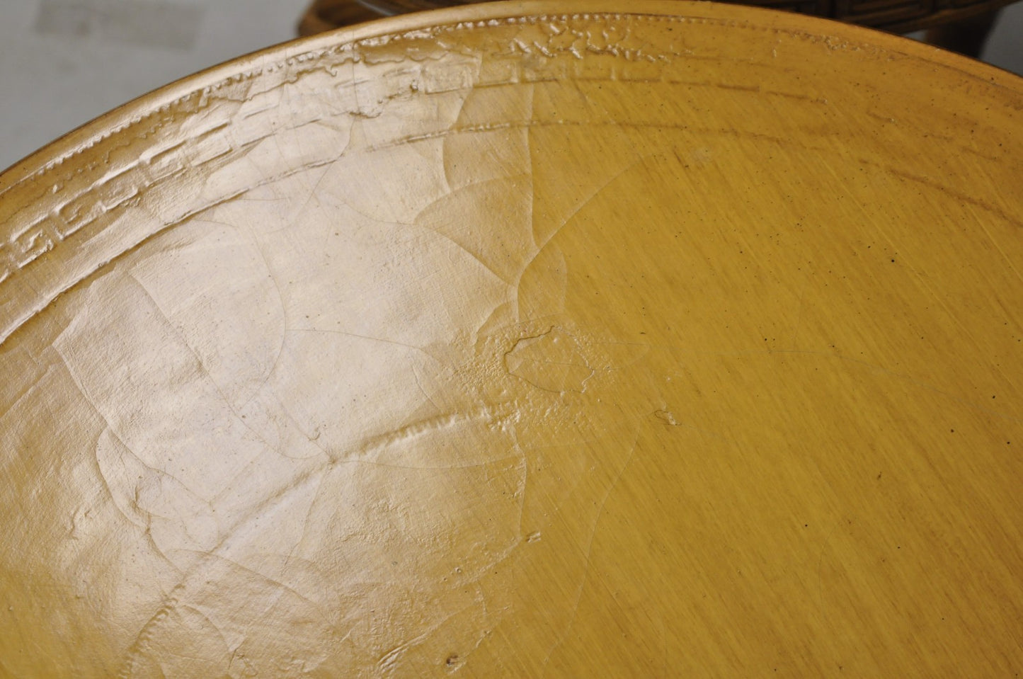 Vintage Italian Regency Round Leather Top Greek Key Carved Side Tables - a Pair