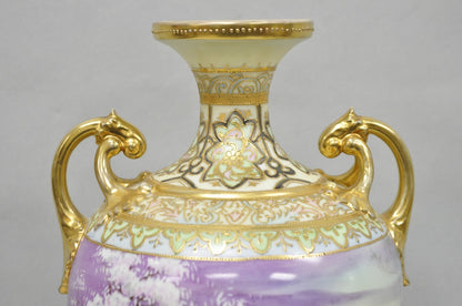 Antique Nippon Hand Painted Cottage Lake Porcelain Twin Handle Bolted Urn Vase