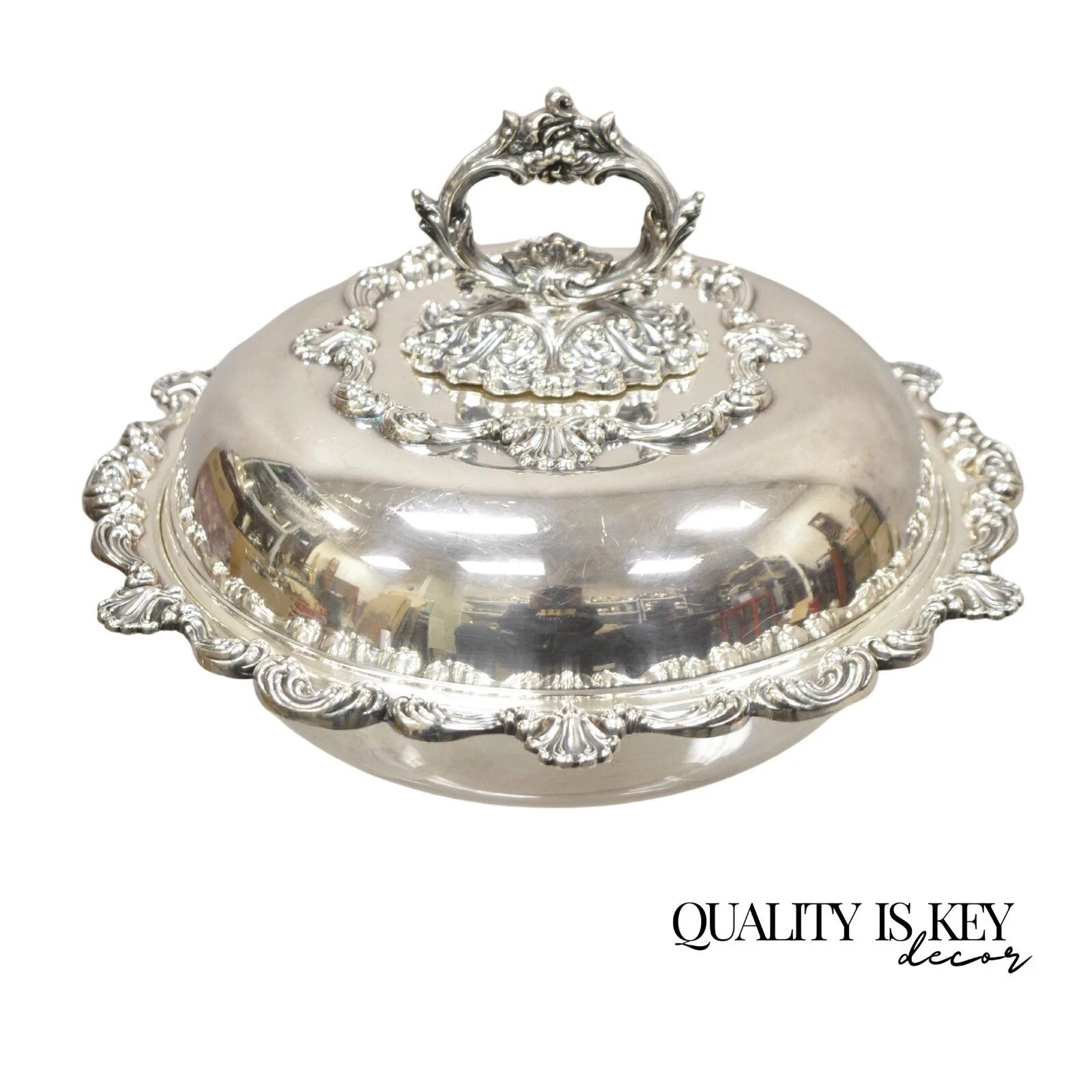 Vintage English Victorian Ornate Round Silver Plated Covered Serving Dish