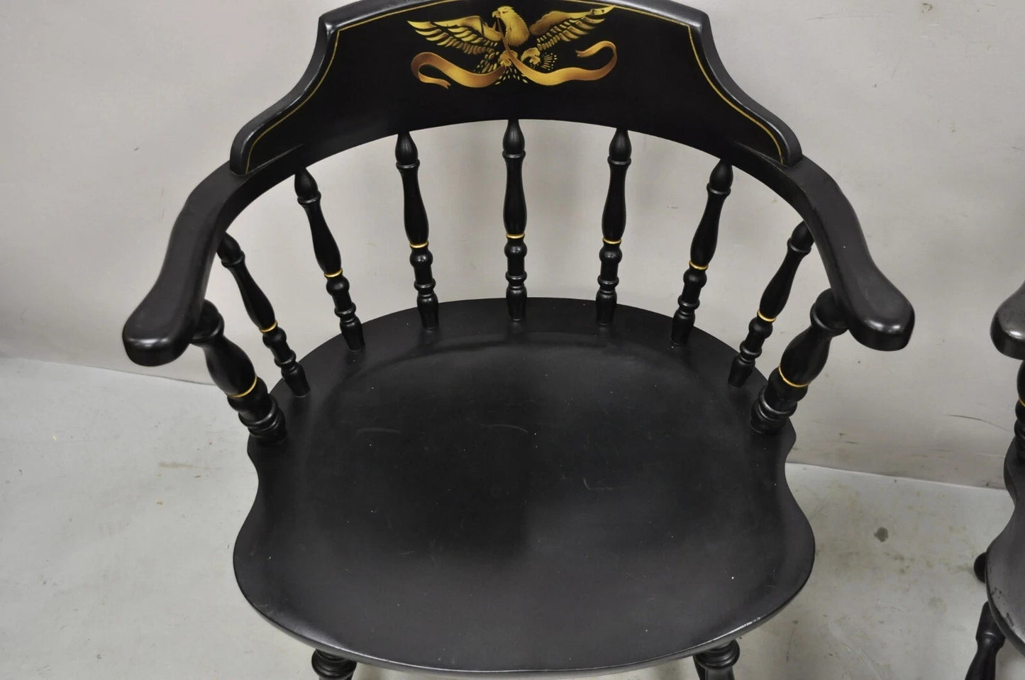 Vintage S. Bent & Bros Black Painted Eagle Colonial Pub Arm Chairs - a Pair