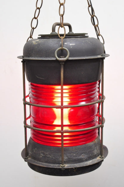 Antique Durkee Marine Ship Lantern Fixture Red Fresnel Pendant Chandlier (B)