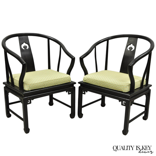 Vintage Oriental Ming Style Ebonized Horseshoe Lounge Chairs by Century (B) Pair