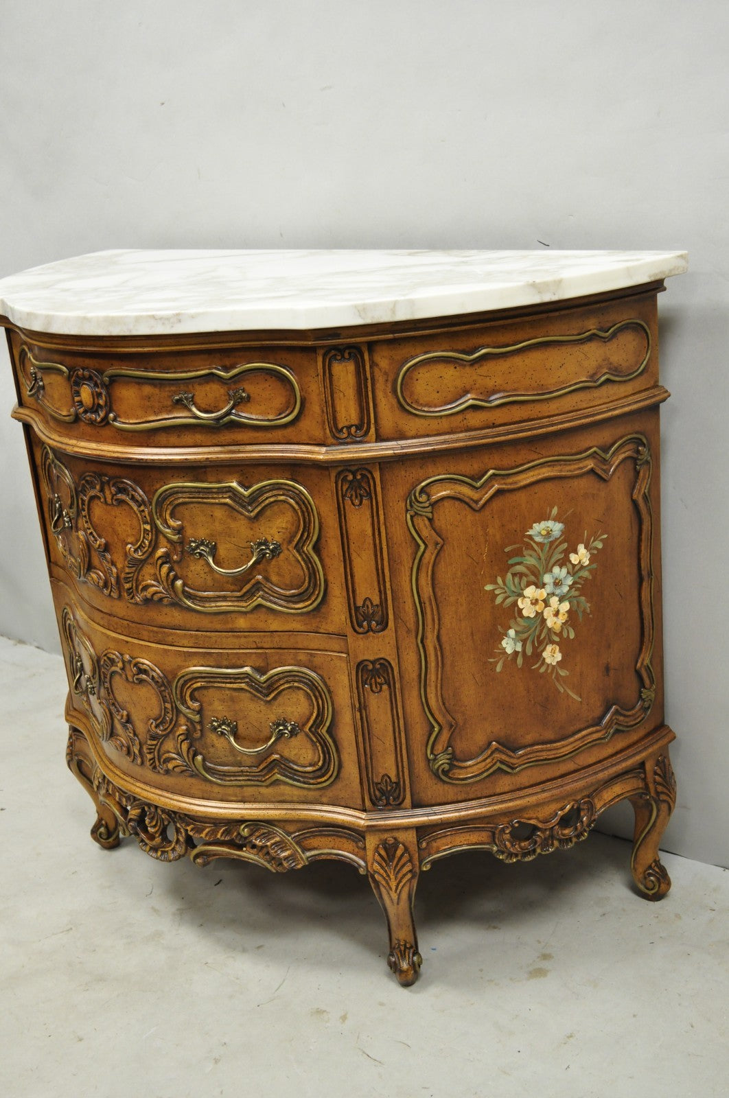 Vintage French Louis XV Style Bombe Demilune Marble Top Floral Painted Commode