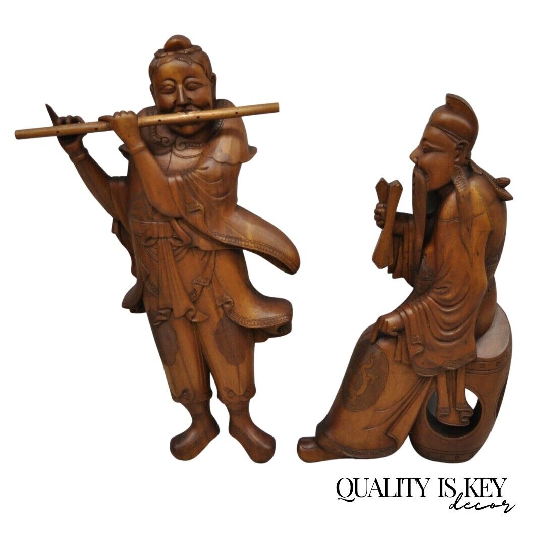 Pair Vintage Ricardo Lynn Carved Teak Wood Oriental Figures Flute Player Wiseman