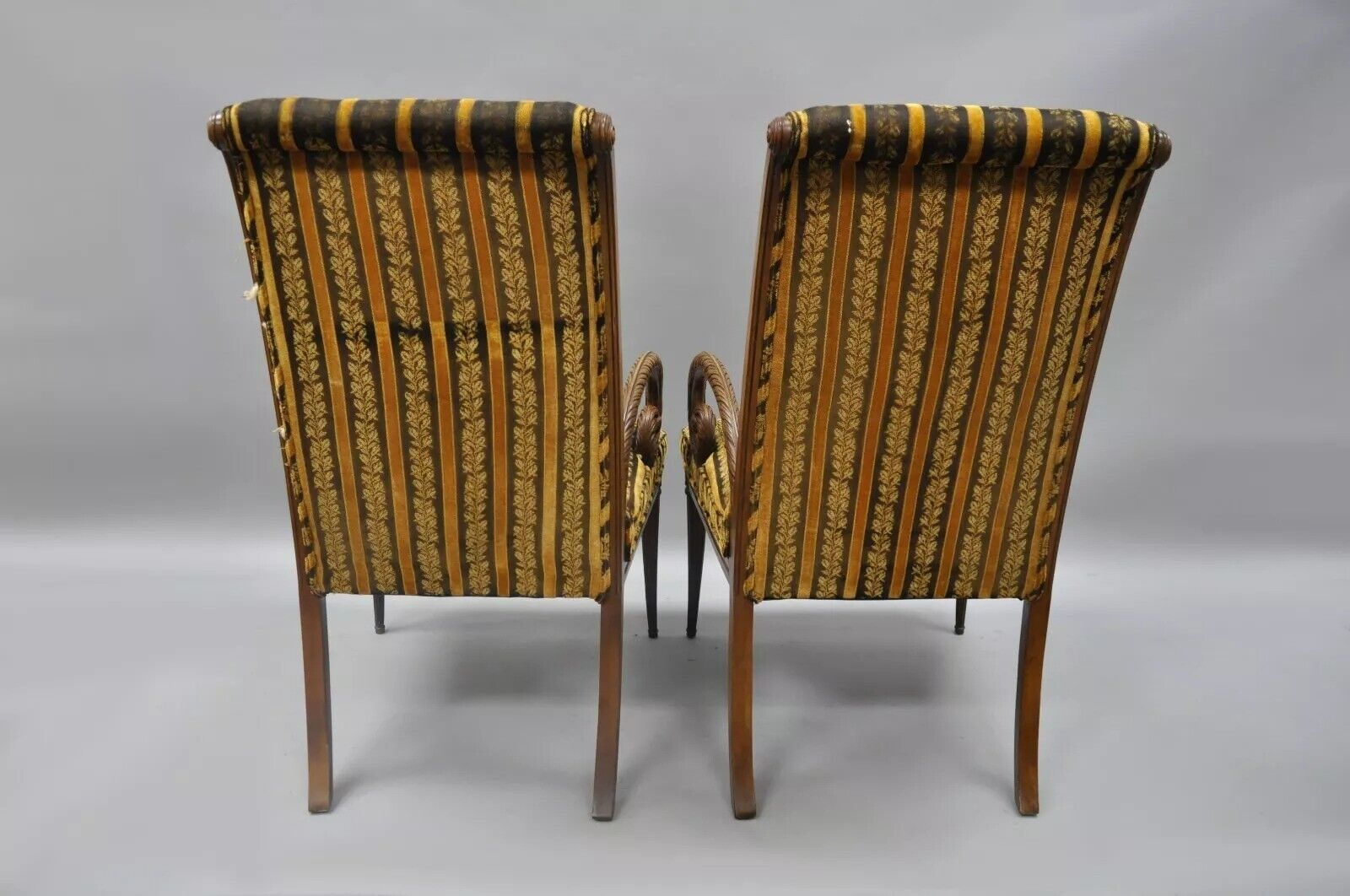 Grosfeld House Hollywood Regency Mahogany Plume Feather Carved Arm Chairs - Pair
