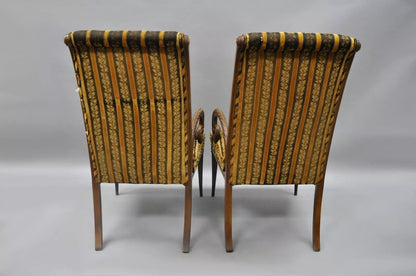 Grosfeld House Hollywood Regency Mahogany Plume Feather Carved Arm Chairs - Pair