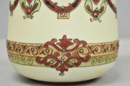 Antique Nippon Hand Painted Porcelain Countryside Moriage Tall Twin Handle Vase