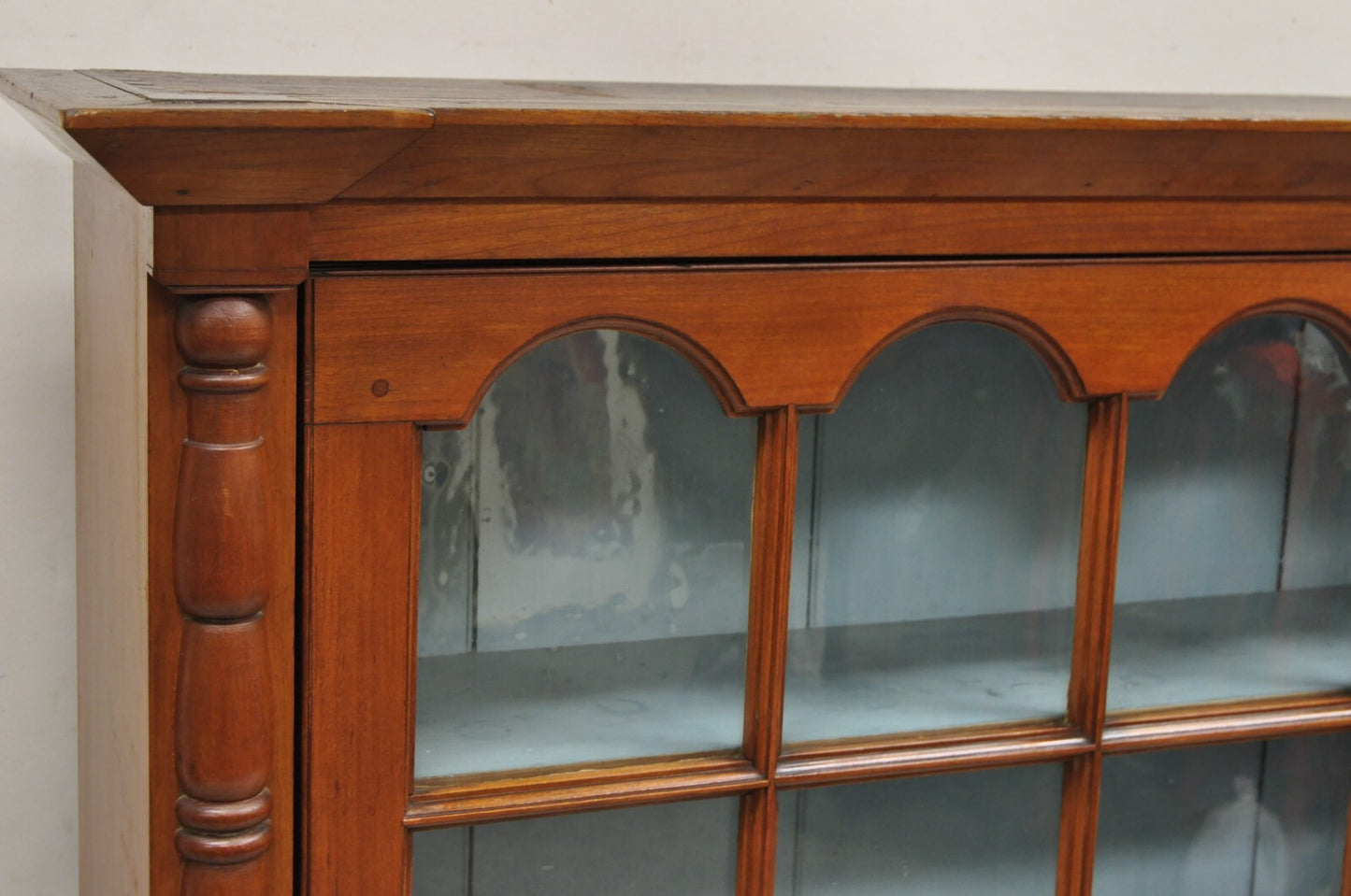 Antique American Colonial Cherry Wood Wavy Glass Door China Cabinet Hutch