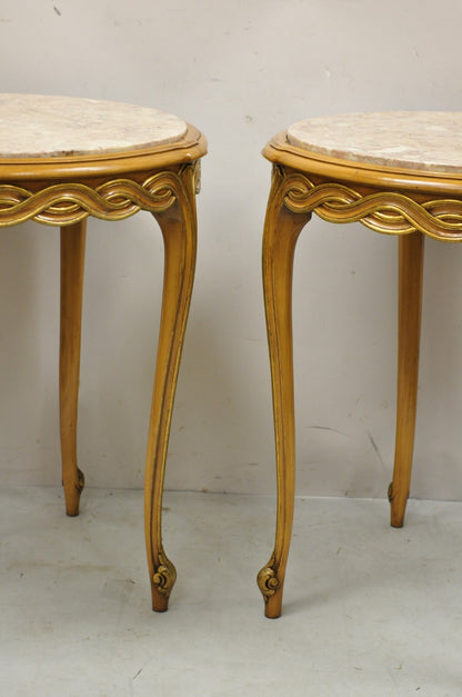 French Provincial Hollywood Regency Round Pink Marble Top Side Tables - a Pair
