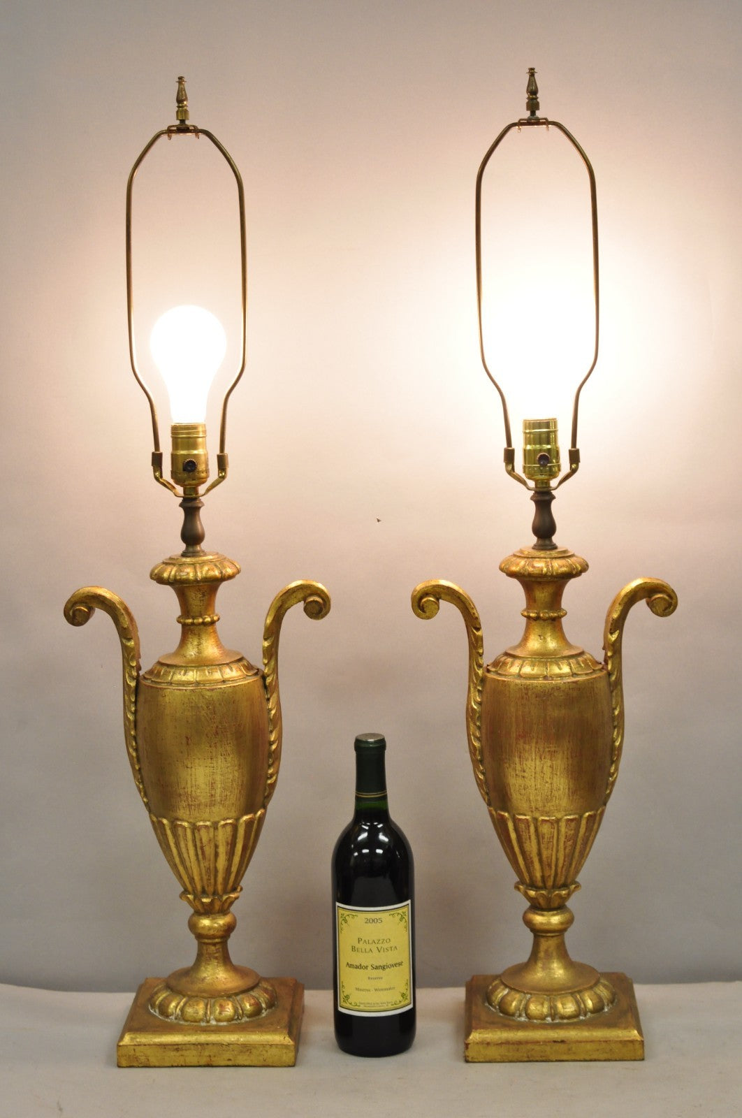Vintage Italian Hollywood Regency Gold Giltwood Urn Form Table Lamps - a Pair