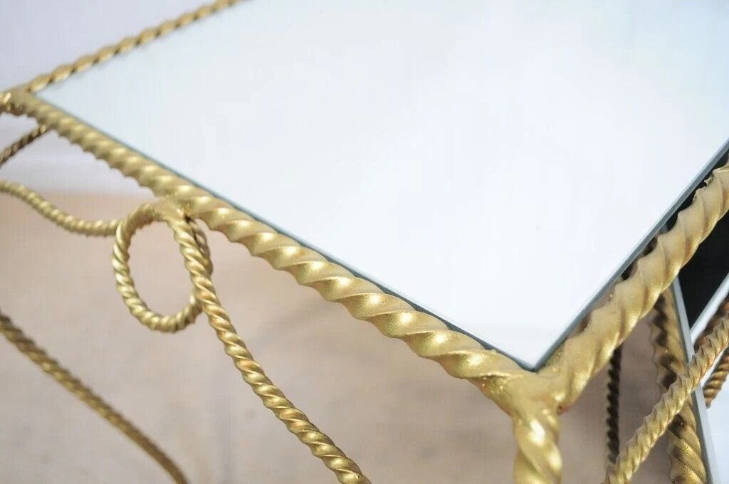 Vintage Italian Hollywood Regency Gold Rope Mirror Top 3 Pc Nesting Side Tables
