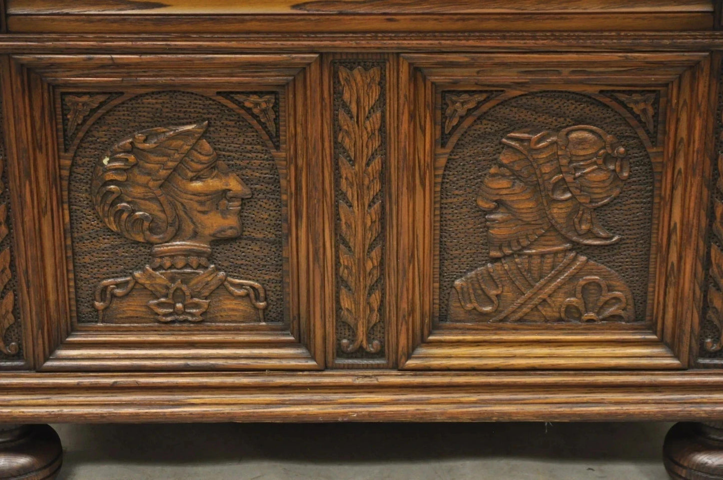 Antique Jacobean Oak Wood Figural Bust Carved Blanket Chest Trunk on Bun Feet