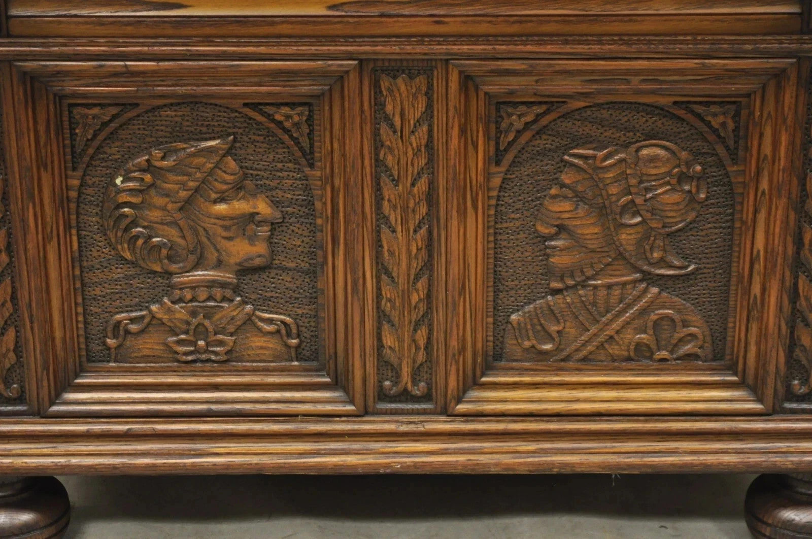 Antique Jacobean Oak Wood Figural Bust Carved Blanket Chest Trunk on Bun Feet