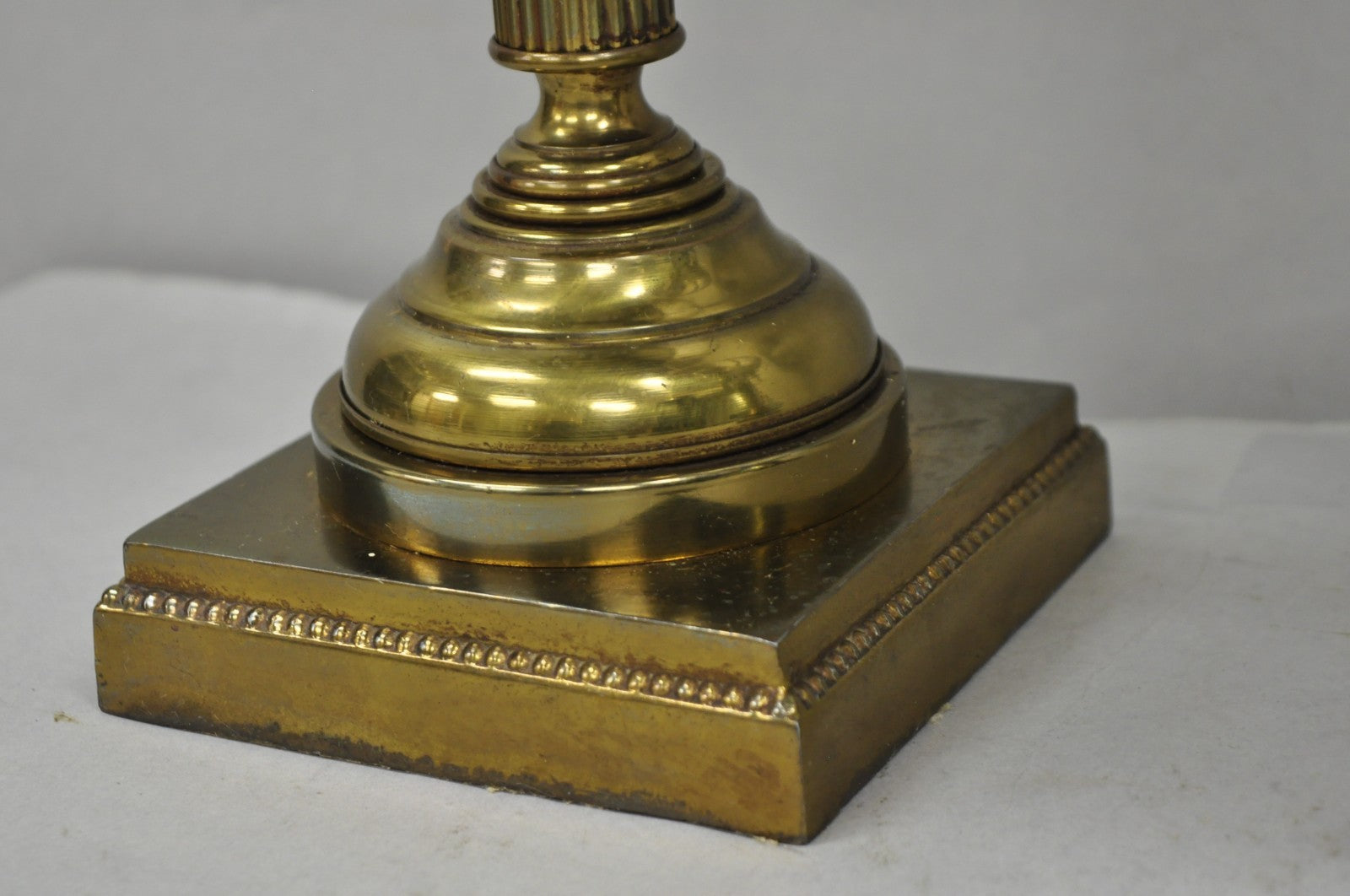 Vintage French Country Tole Metal Shade Brass Column Candelabra Table Lamps Pair